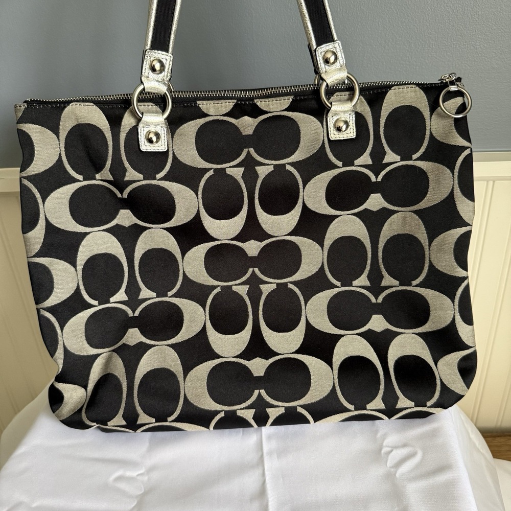 Coach Poppy Large Shoulder Tote Bag Purse Black Silver Shopper Signature C - Picture 2 of 16